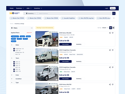 360 Trucks Inventory UX Design 360 autoindustry automobile canada classified website filters grid view innovation list view modern design olx trucking inventory trucking jobs trucking list trucks ui user experience user interface ux web