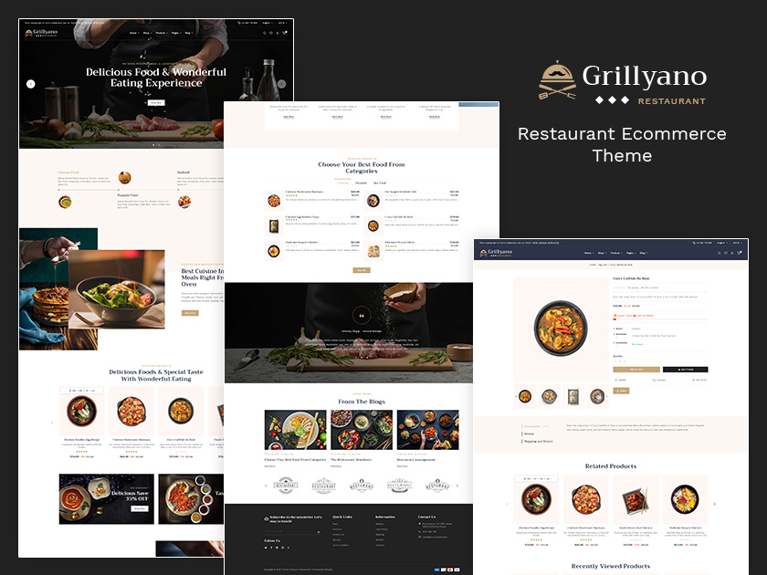 Grillyano – Best eCommerce Theme For Restaurants, Food Stores dishes ecommerce fast food food graphic design grilliyano illustration opencart prestashop responsive restaurants tasty template templatetrip woocommerce wordpress