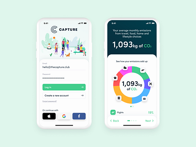 Capture | Mobile App co2 diary emissions login mobile onboarding signup tracker travel ui