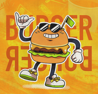 Burger Mascot Cartoon branding burger cartoon character cool culinary cute food funny graphic design illustration junkfood logo mascot