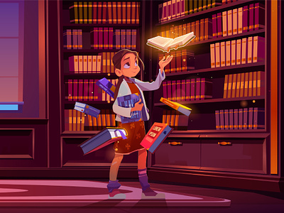 A girl with flying magic books in a library at night book character design game design girl illustration library magic vector