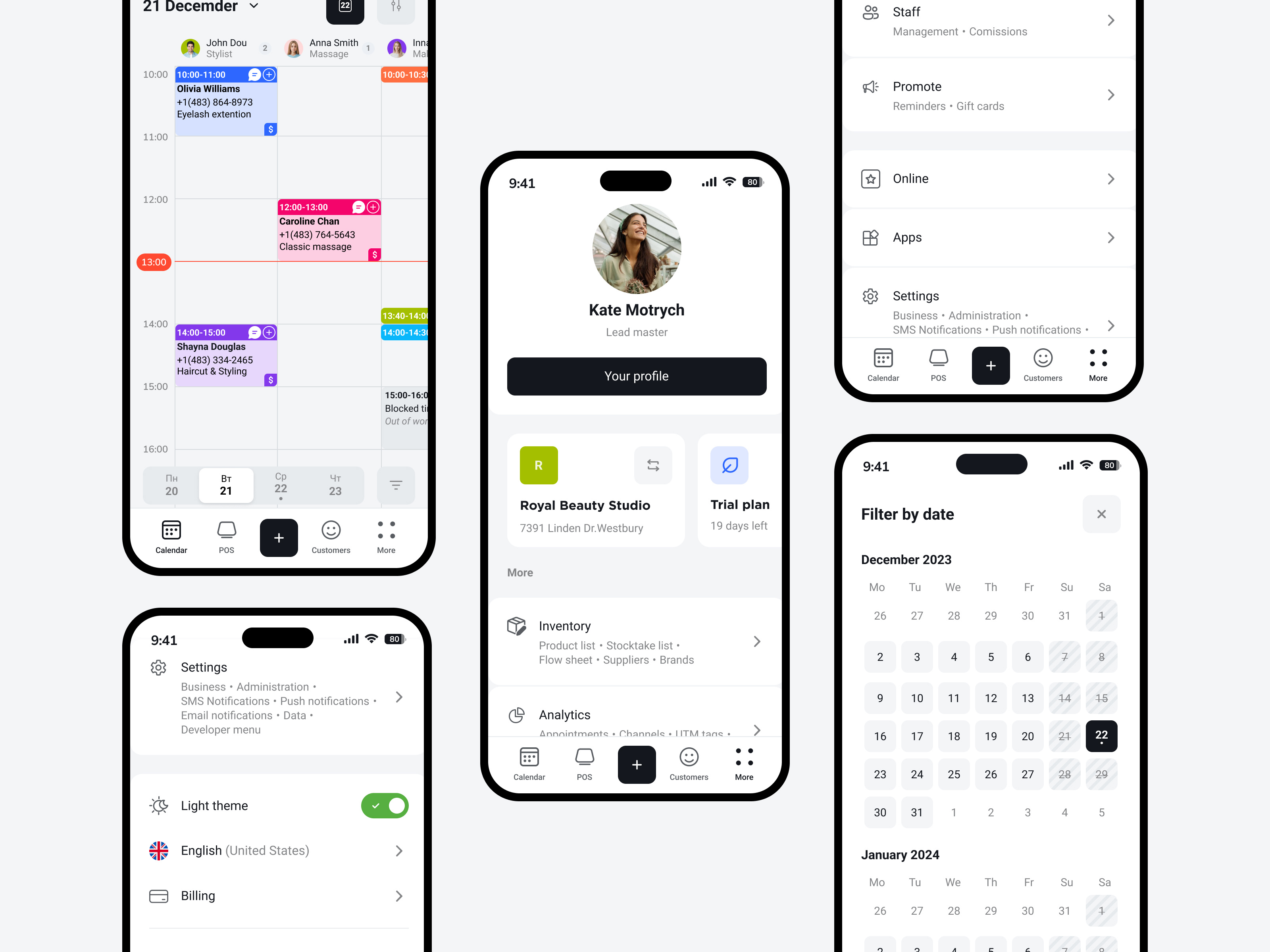 Booking App design (Light & Dark theme) app application appoinment booking calendar dark theme filter mobile product design profile settings ui ux webdesign workspace