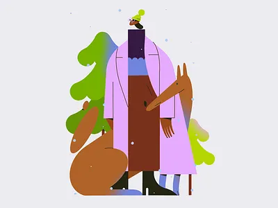 Winter companion character design dog flat illustration forest friends illustration nature walk winter woman