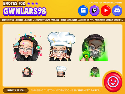 Custom Chibi OC Twitch Emotes animation art artwork chef custom design design digital art discord emotes facebook emotes freelancer graphic design hype illustration loyalty badges open commission original character poison streamer twitch emotes youtube emotes