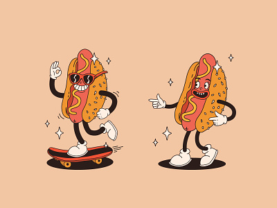 Hot dog delivery cartoon character concept design fastfood food groovy happy hotdog illustration logo mascot retro skateboard vector vintage