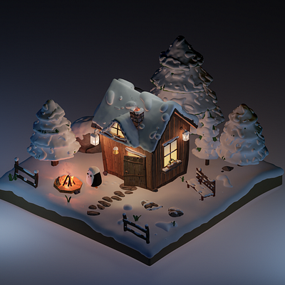 Cozy cabin in the magical winter woods 3d art blender bonfire cabin fire forest game gameart lowpoly nature penguin snow stylized trees winter woods