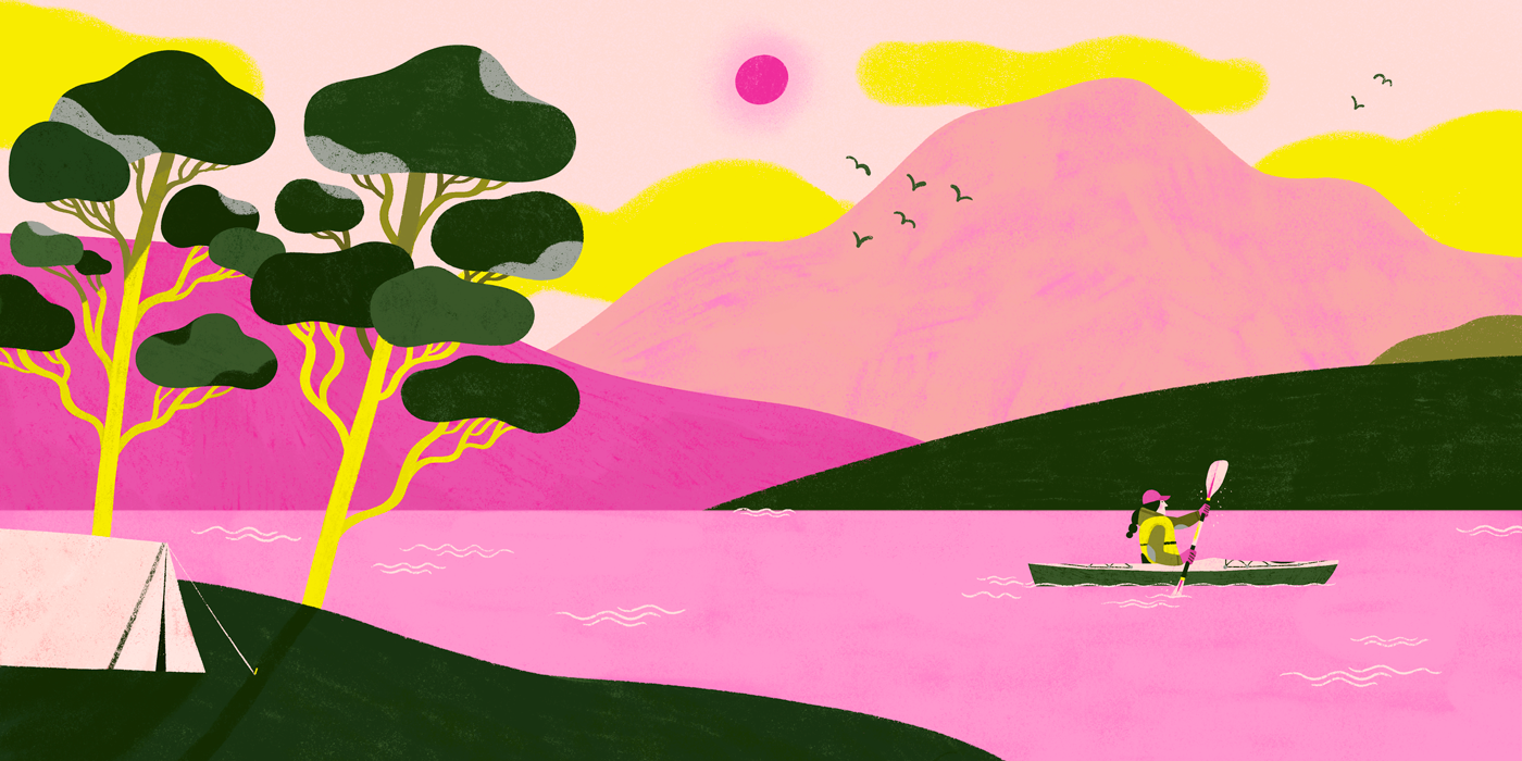 Loch Maree camping colourful digital art illus illustration kayak mountains nature outdoors pink procreate scotland sports stylized summer sunset tent travel illustration