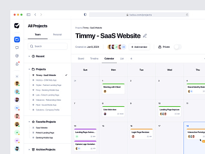 Tuduu - Calendar View calendar calendar dashboard calendar view dashboard dates management product design productivity app project management schedule scheduling task app task list task management task management dashboard team to do web app web design