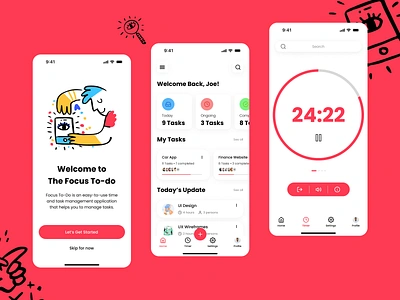 Focus To-Do - Pomodoro Technique & Tasks: Redesign Concept app branding design graphic design illustration logo management mobile productivity task timer typography ui ux vector