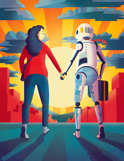 AI Friendship adobe ai artificial intelligence character characters digital digitalart editorial illustration illustrator magazine photoshop relationships robot robots sun warm