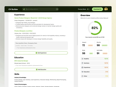 CV Builder - Create your Resume with Linkedin URL ai cv builder ai tools animation career development concept cv cv builder cv design cv maker dashboard open ai resume resume builder resume editor saas saas application typography visual cv web application webdesign