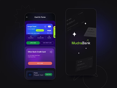 Mudra | Banking Mobile App app design banking app dark mode design figma finance app mobile app mobile application design online banking product design ui ui design ux ux design vibrant colors