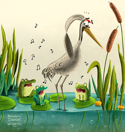 Frogs and heron. Illustration by Daniel Włodarski. childrens book childrens book illustrator childrens book ilustration childrens books illustration illustrator kidlit kidlitart