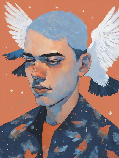 birds and stars / blue and red 2d art digital graphic design illustration painting portrait sketch study