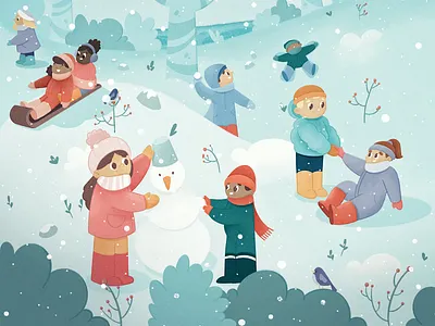 Snow Day Fun 2d children fun illustration kids playing procreate snow vector