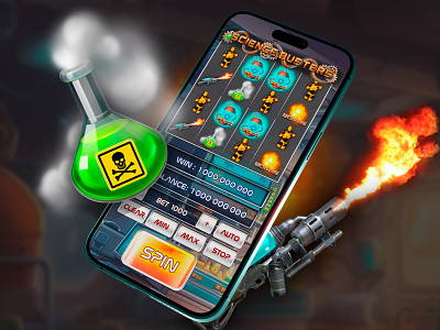 Futuristic ‘Science Busters’ Slot — Background and UI elements casino games flame futuristic gear graphic design illustration laboratory liquid scientific experiments slot design slot online slotcharacters steampunk test tube ui uielements