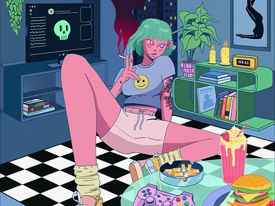 Escapism animation character design color digital art escape gamer girl illustration interior motion graphics night pink plant room skull smoking