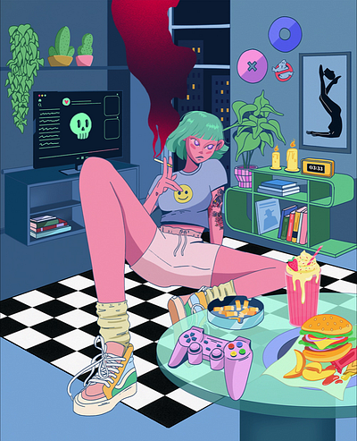 Escapism animation character design color digital art escape gamer girl illustration interior motion graphics night pink plant room skull smoking
