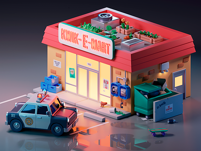 Kwik-E-Mart Night version 3d b3d blender colombia diorama illlustration isometric mexico simpsons