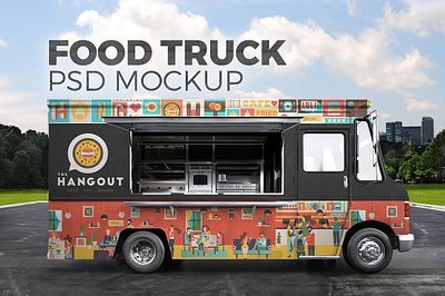 Food truck. PSD Mockup food high quality ice cream photorealistic selling street mockup template van truck