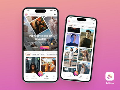 Artisse's community page! 🌟 ai ai photography app banner community earn feed filter hero mobile mobile app navigation photograph post public search share ui update ux