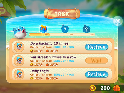 Fish Game UI-Challenges & Achievements app design beach blue bird game branding colorful design fish collection game game game tasks game ui graphic design graphics illustration mobile game ui progress bar rewards task screen ui uiux user interface design