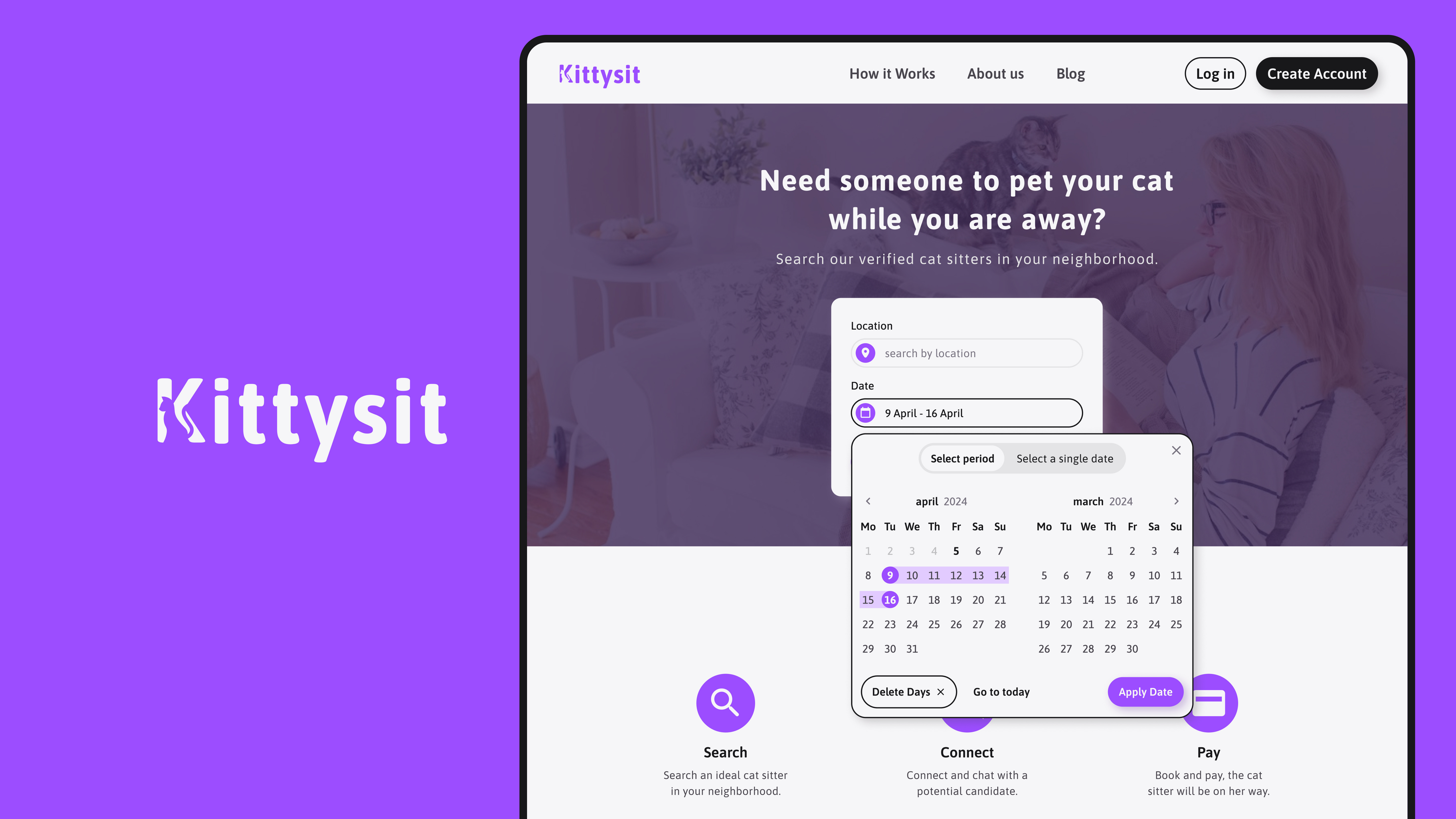 Kittysit - Home Page Website - Date picker branding datepicker ui web application webdesign website