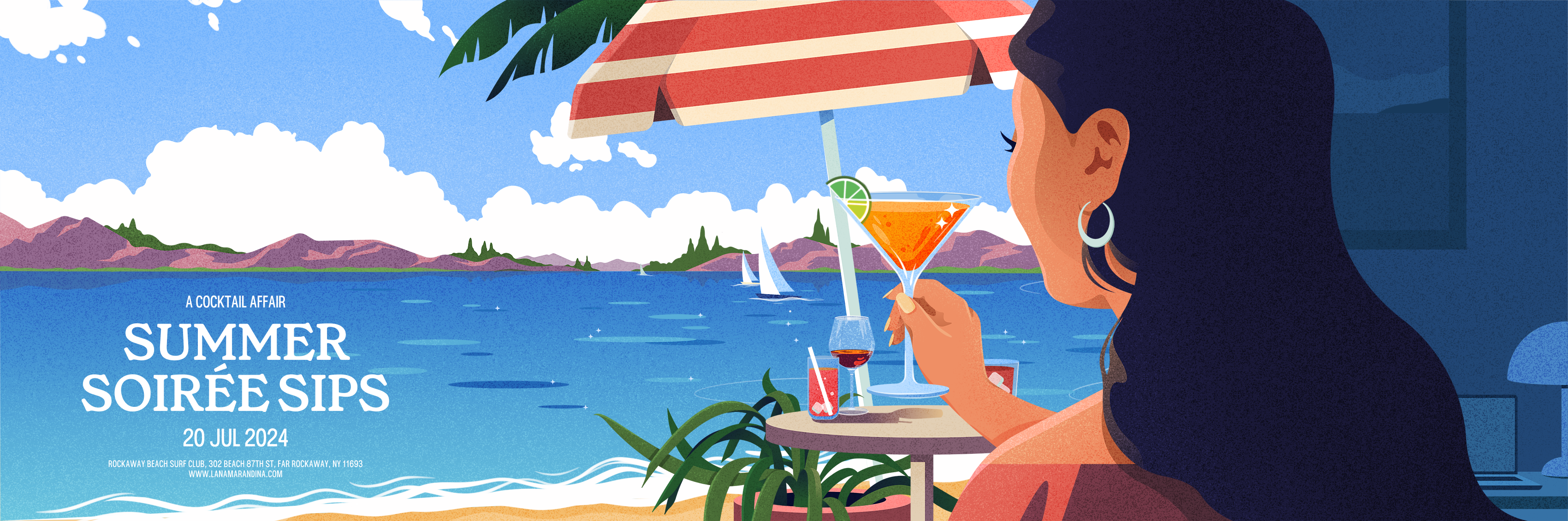 Summer Soirée Sips ads advertising billdoard character illustration landscape poster vector vintage