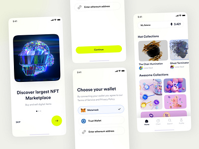 NFT shop app 💎 android app design apps interface ios minimal mobile app mobile ui nft nft app nft shop onboarding trendy ui ux