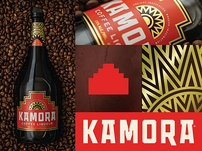Kamora alcohol ancient bottle caramel coffee dulce de leche energy gold kamora liqueur logotype mayan metallic mexico premium pyramid spirits sun typography