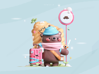 MR. BEAR AND HIS SUITCASE OF GOALS 3D KAWAII 🐻✨🌨️ 3d 3d art animation bear kawaii branding character colors coquette design graphic design illustration kawaii nature 3d suitcase ui