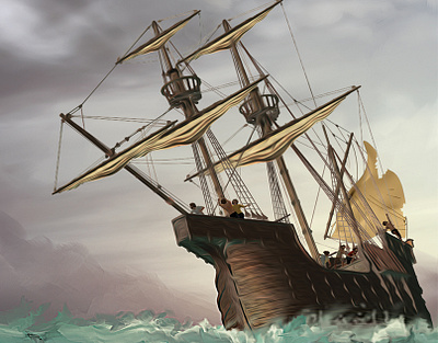 Tripulación de un Galeon 3d comic design dibujo illustration mar ship
