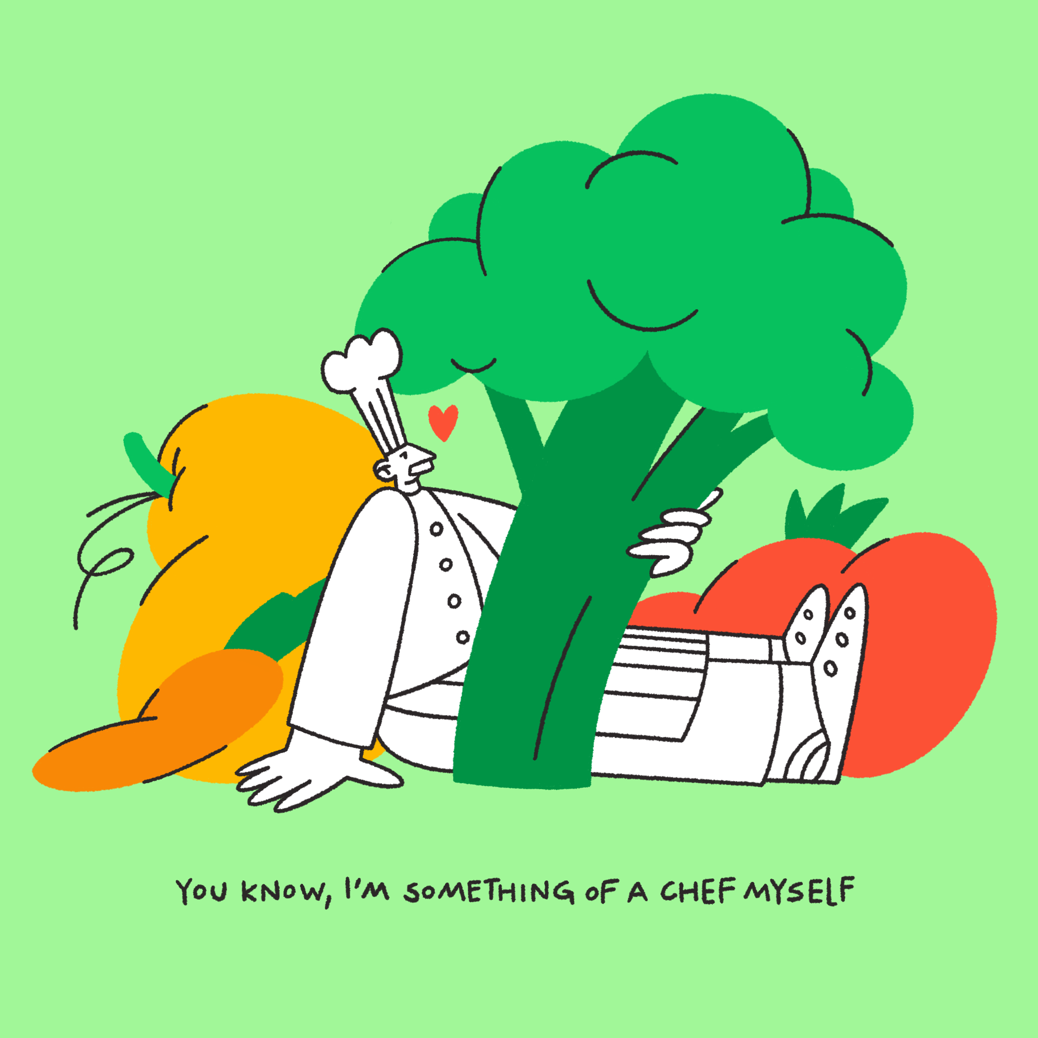 Chef love art brand illustrations broccoli character illustration characters chef cook delivery food green illustration line love product illustration vegetables vegetarian