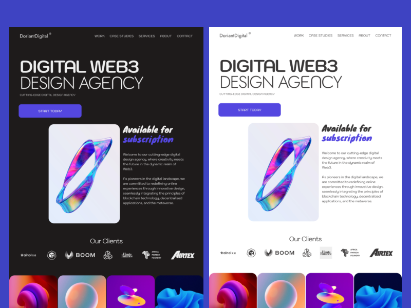 Web3 Design Agency Landing Page bitcoin black black design dark mode dark theme design agency design subscription digital design interface design landing page light mode ui ui design user itnerface web design web2 web3 website white
