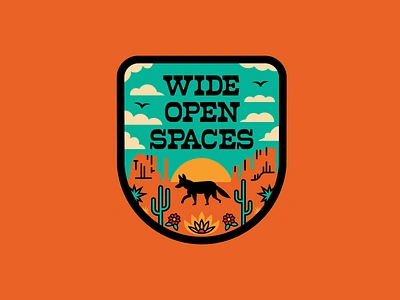 Wide Open Spaces Badge arizona badge cactus clouds coyoted desert desert flower desertscape icon illustration landscape logo monoline patch slab serif southwest sunset typography vector wild west