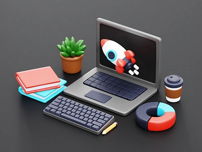 Business Office 3D Illustration 3d 3d asset 3d element 3d icon 3d illustration book business business tools coffee laptop office plant rocket tools