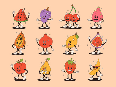 Groovy fruits 50s 60s cartoon character concept design doodle food fruit groovy illustration logo retro vector
