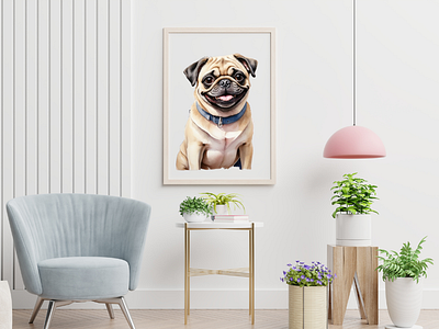 Pet portrait of a pug painted by water color bed room cute puppy dog hom sweet home home decore paint pet portrait pug sketch wall art water color