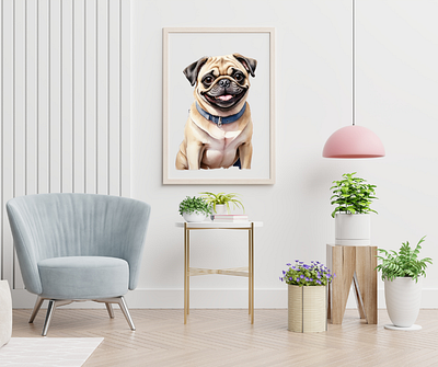 Pet portrait of a pug painted by water color bed room cute puppy dog hom sweet home home decore paint pet portrait pug sketch wall art water color