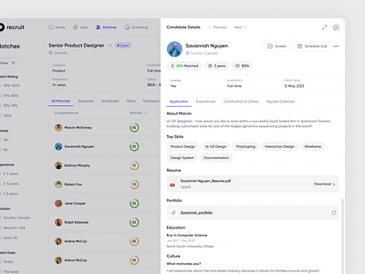 Recruitment - Candidate Details admin panel candidate profile crm cypto dashboard data visualization job description job platfrom job portal nft realestate recruitment saas saas analytics side panel sidebar ui uiux ux webapp