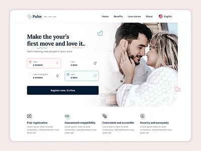 👩🏻‍❤️‍👨🏻 Dating Platform Landing Page adventure couple dating design english experience heart love match men platform product design relationship romantic service single soulmate ui ux women