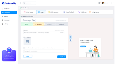 Create Campaign Product UI branding clean dashboard feedback app figma graphic design product design sidebar ui visual design web application webapp webapplication