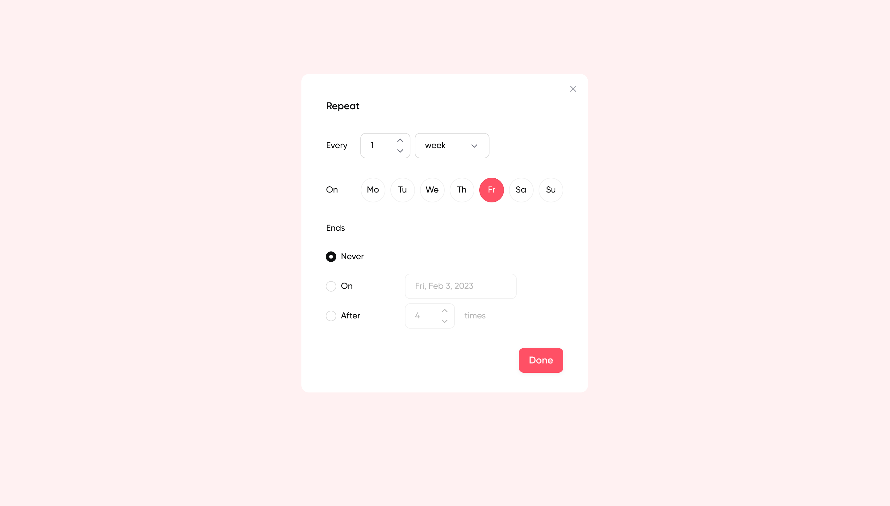 Recurring setings calendar contrast date day design dropdown events input live month planning product recurring repeat repeating session ui ux week