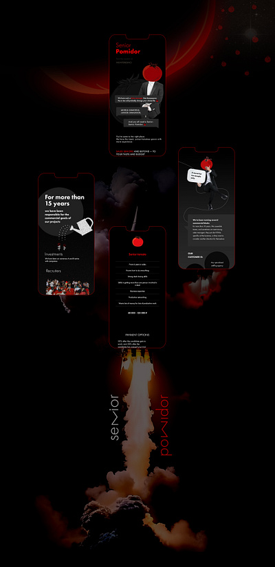 Senior POMIDOR black black and red branding dark site landing page recruiting sales ui visual design