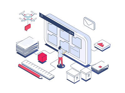 Electronic 2d animation clutter design digitidy ffileciency filescape filezen flat illustration isometric labelize man motion neatness orderly organize sortify woman