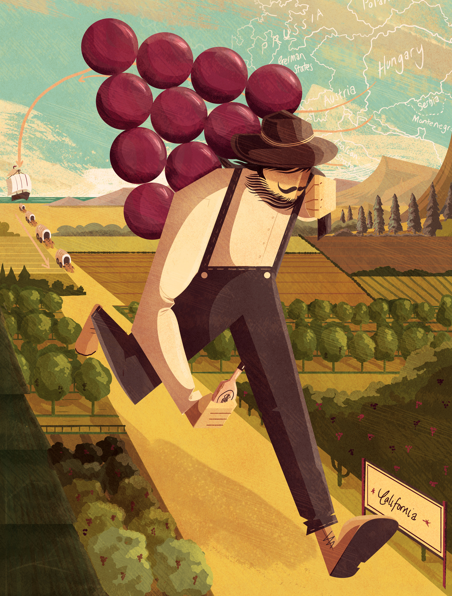 Zinfandel and the Pioneer Trail adobe america character digital art drink editorial editorial illustrator food illustration illustrator lifestyle magazine photoshop texture us usa vintage wine