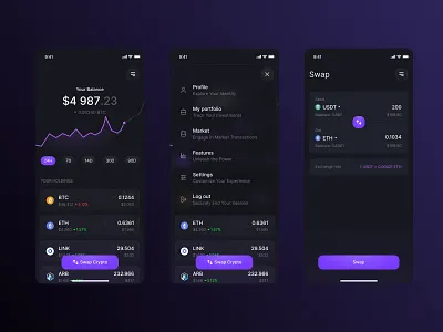 A Crypto Odyssey app app design blockchainapp branding buttons creativeshowcase crypto cryptocurrency cryptowallet dark ui design fintech graphic design illustration logo ui ux