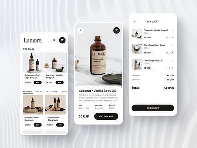 Lumore | Cosmetics brand app application beauty brand cosmetic design minimalistic mobile product ui ux
