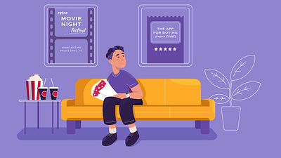 Cinema app illustration 2d app character character design cinema design flat illustration guy illustration movie popcorn vector