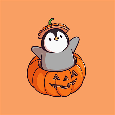 The penguin comes out of the pumpkin animal animals cartoon cartoon penguin cute animals cute penguin halloween illusration penguin penguin illustration